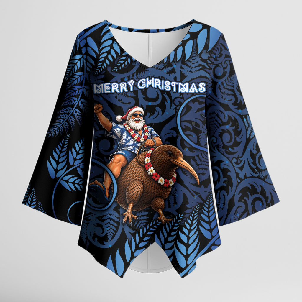 New Zealand Christmas Kimono Sleeve Blouse Santa Riding Kiwi Bird Silver Fern DT05 Female Navy - Polynesian Pride