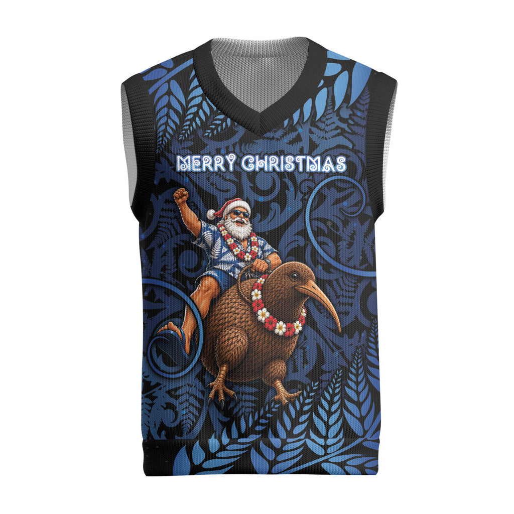 New Zealand Christmas Knitted V-Neck Vest Santa Riding Kiwi Bird Silver Fern DT05 Navy - Polynesian Pride