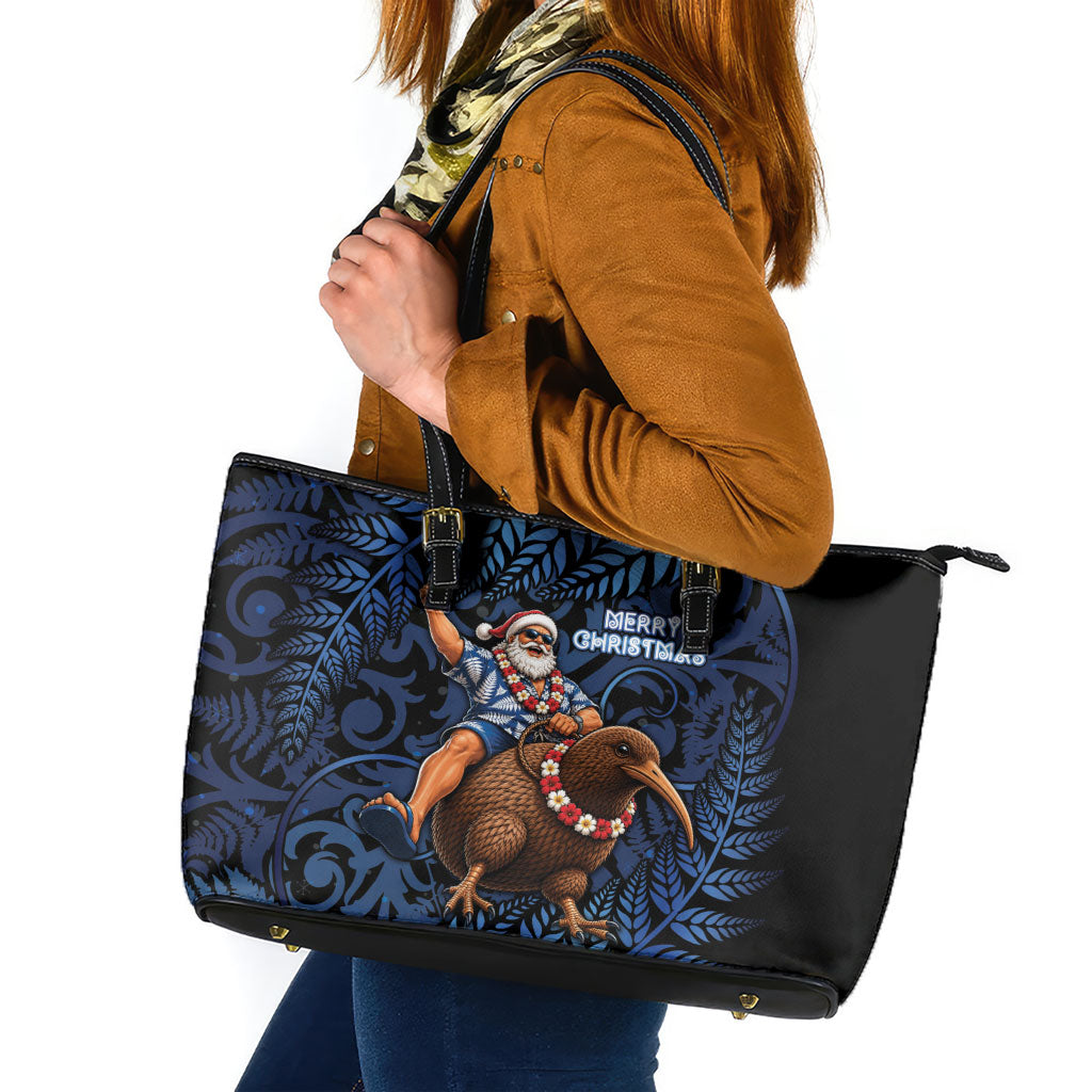 New Zealand Christmas Leather Tote Bag Santa Riding Kiwi Bird Silver Fern DT05 Navy - Polynesian Pride