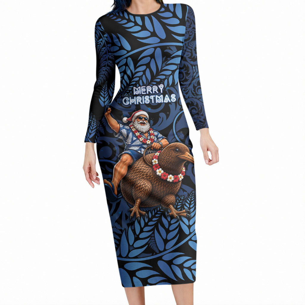 New Zealand Christmas Long Sleeve Bodycon Dress Santa Riding Kiwi Bird Silver Fern DT05 Long Dress Navy - Polynesian Pride
