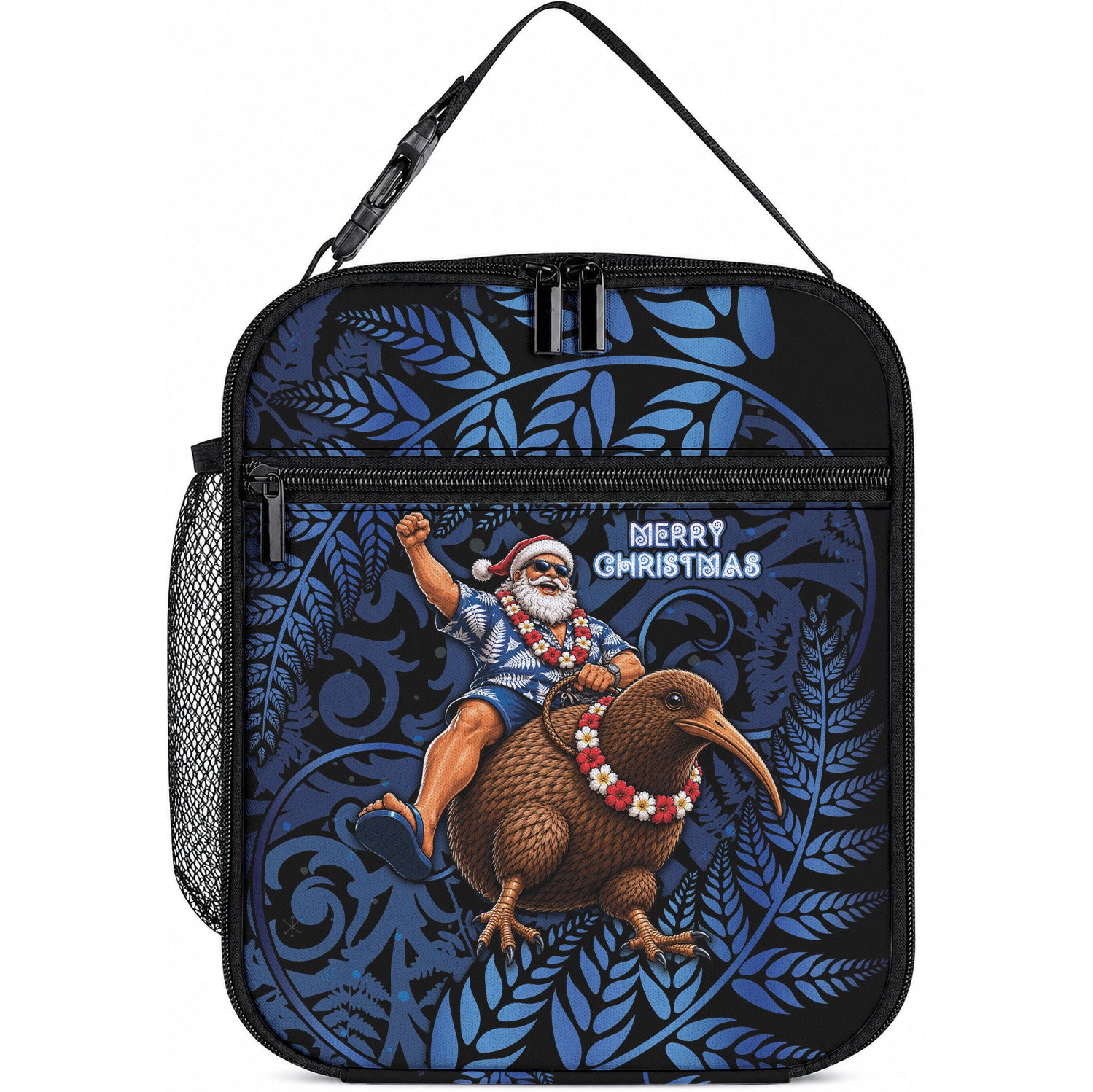 New Zealand Christmas Lunch Bag Santa Riding Kiwi Bird Silver Fern DT05 10.2 × 8.3 × 4.3 inch Navy - Polynesian Pride