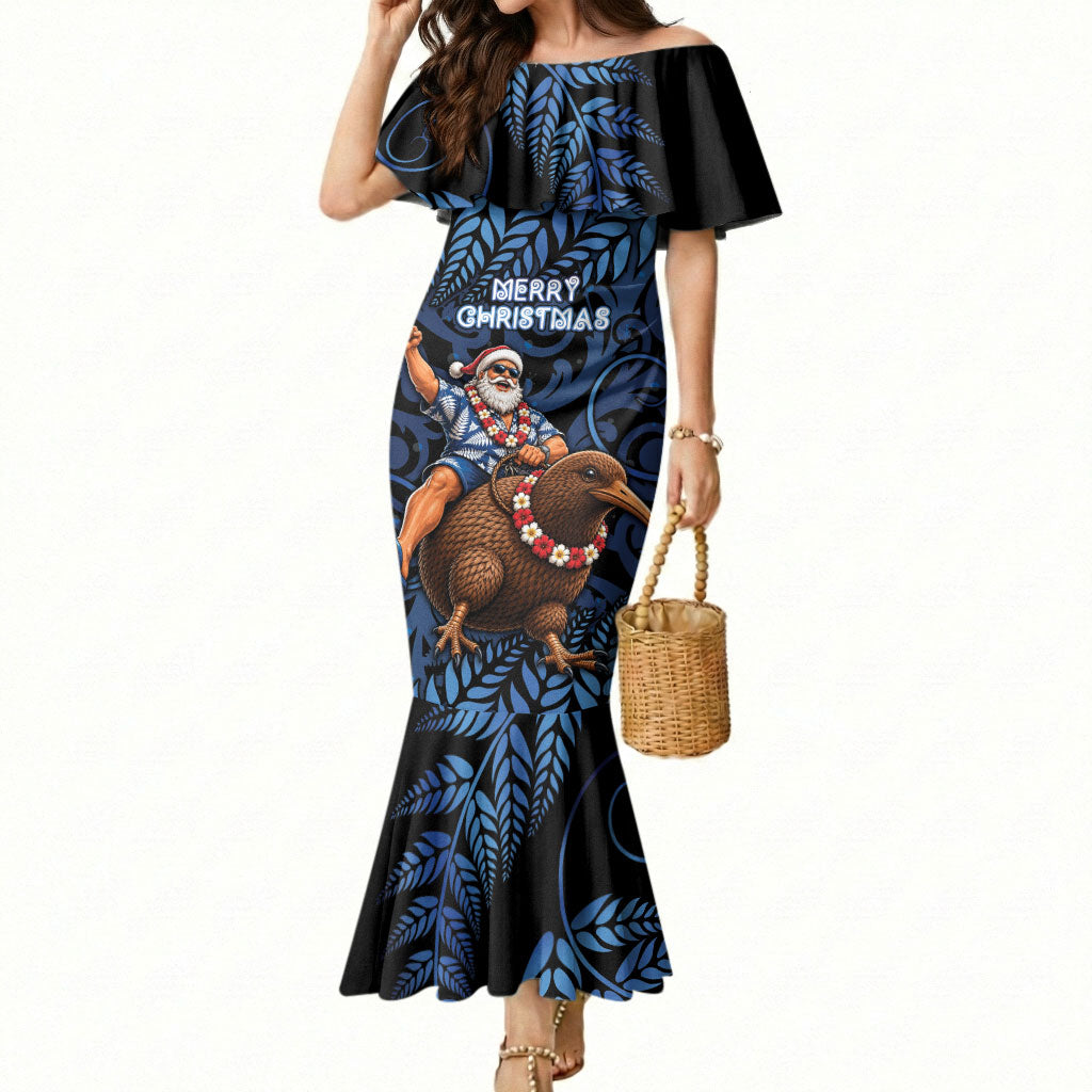 New Zealand Christmas Mermaid Dress Santa Riding Kiwi Bird Silver Fern DT05 Women Navy - Polynesian Pride