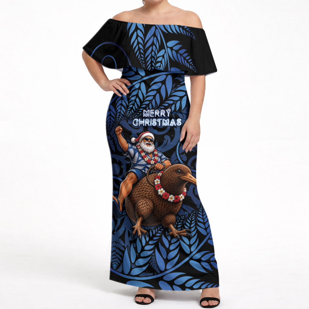New Zealand Christmas Off Shoulder Maxi Dress Santa Riding Kiwi Bird Silver Fern DT05 Women Navy - Polynesian Pride