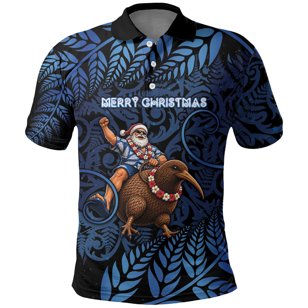 New Zealand Christmas Polo Shirt Santa Riding Kiwi Bird Silver Fern DT05 Navy - Polynesian Pride