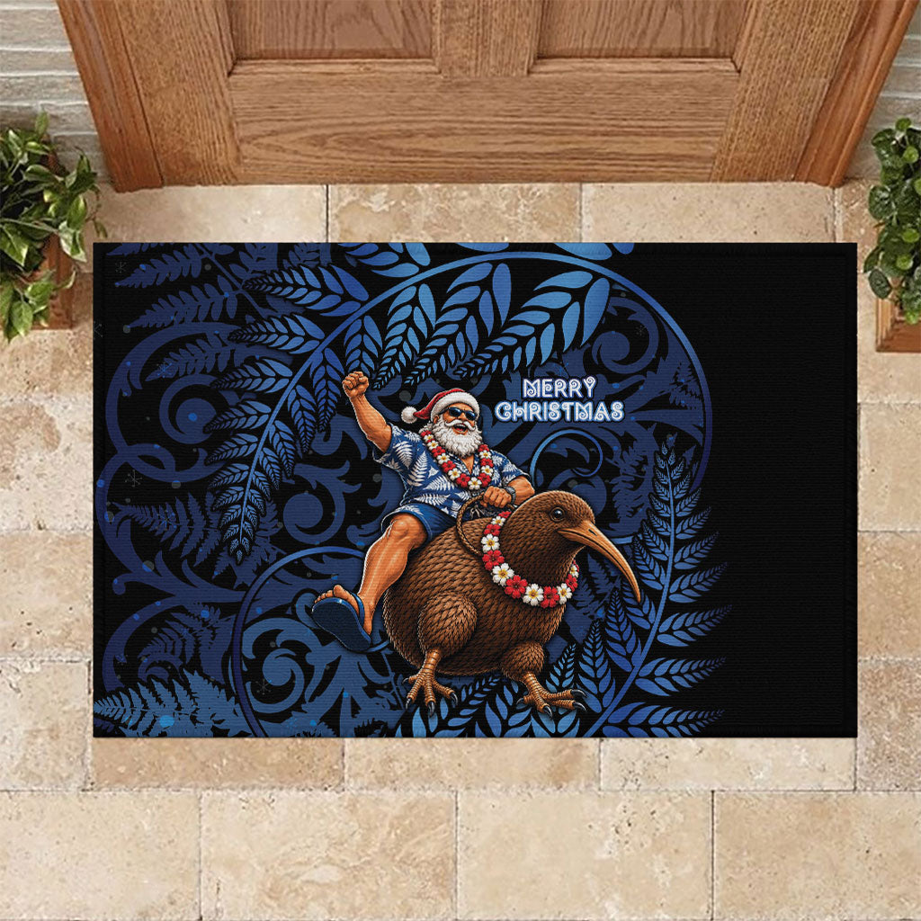 New Zealand Christmas Rubber Doormat Santa Riding Kiwi Bird Silver Fern DT05 Navy - Polynesian Pride