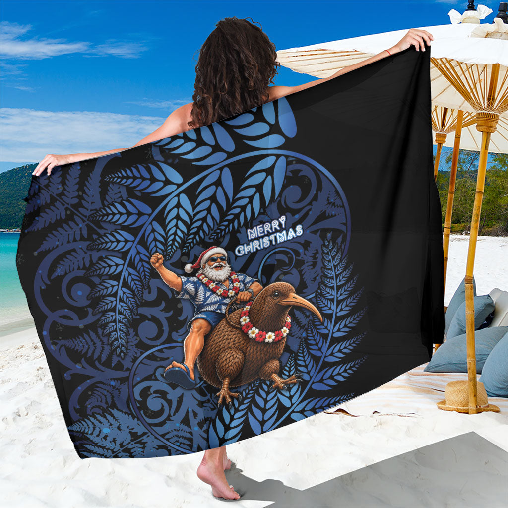 New Zealand Christmas Sarong Santa Riding Kiwi Bird Silver Fern DT05 One Size 44 x 66 inches Navy - Polynesian Pride
