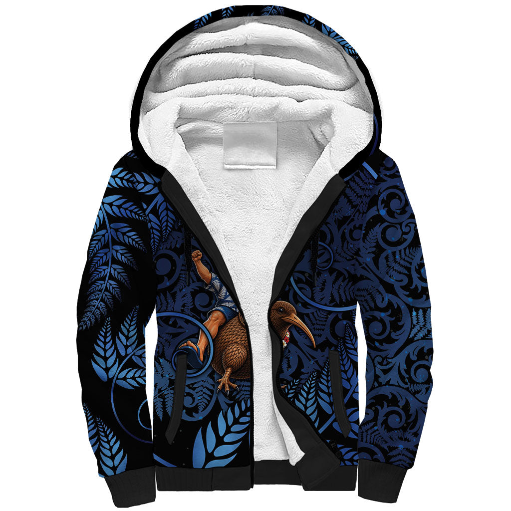 New Zealand Christmas Sherpa Hoodie Santa Riding Kiwi Bird Silver Fern DT05 Unisex Navy - Polynesian Pride