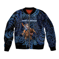 New Zealand Christmas Sleeve Zip Bomber Jacket Santa Riding Kiwi Bird Silver Fern DT05 Unisex Navy - Polynesian Pride