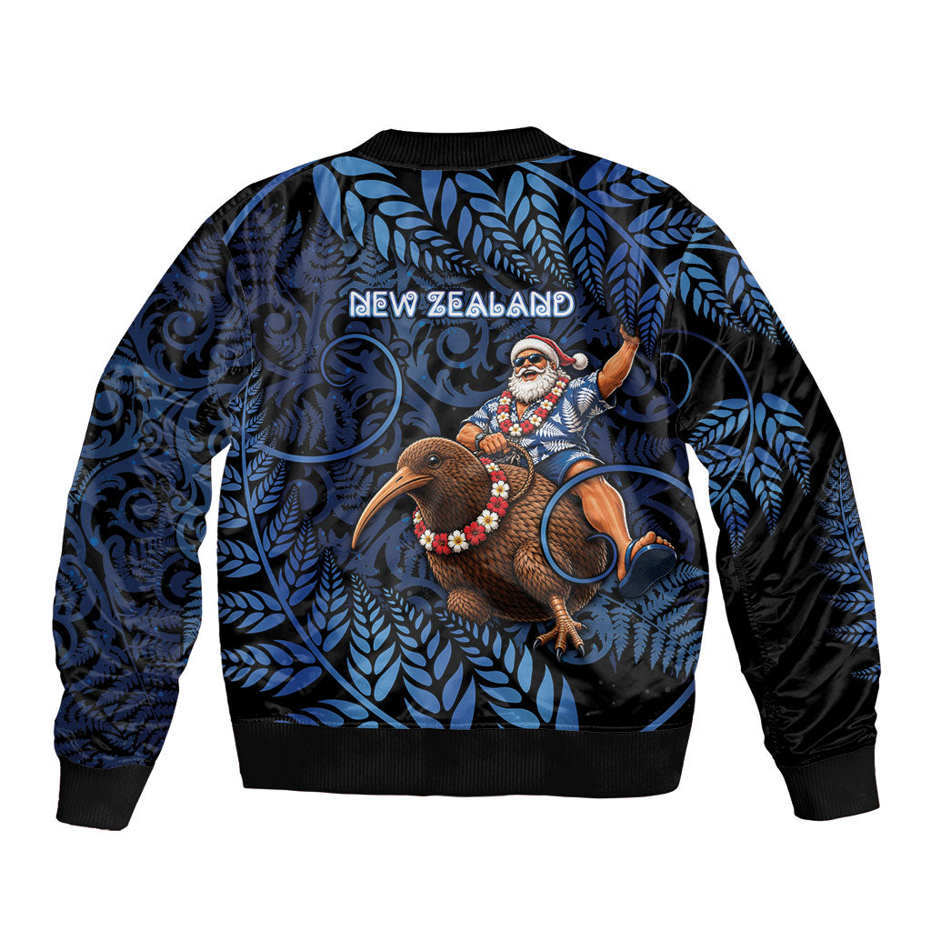 New Zealand Christmas Sleeve Zip Bomber Jacket Santa Riding Kiwi Bird Silver Fern DT05 - Polynesian Pride