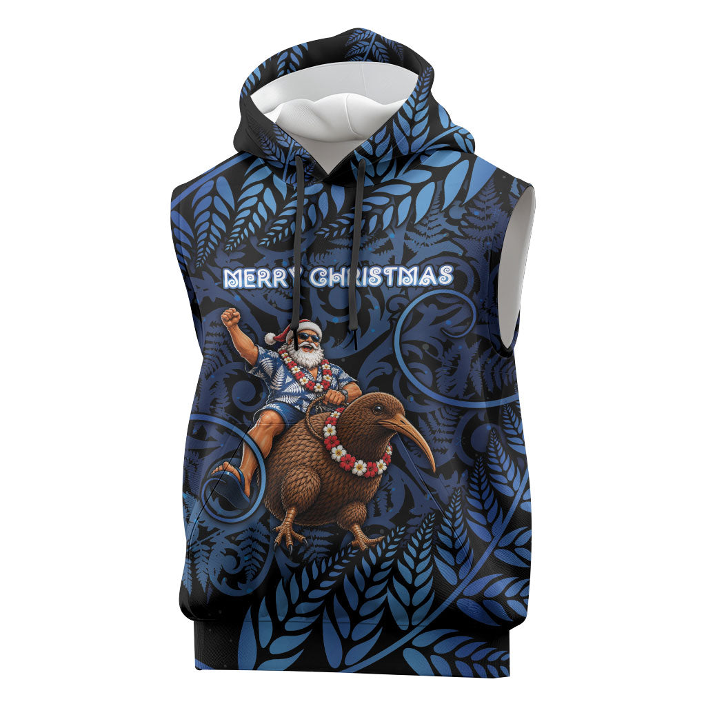 New Zealand Christmas Sleeveless Hoodie Santa Riding Kiwi Bird Silver Fern DT05 Navy - Polynesian Pride