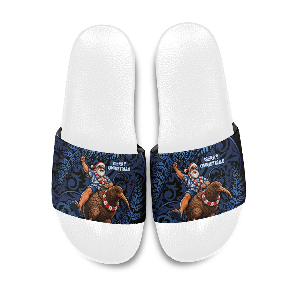 New Zealand Christmas Slide Sandals Santa Riding Kiwi Bird Silver Fern DT05 Navy - Polynesian Pride