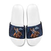 New Zealand Christmas Slide Sandals Santa Riding Kiwi Bird Silver Fern DT05 Navy - Polynesian Pride