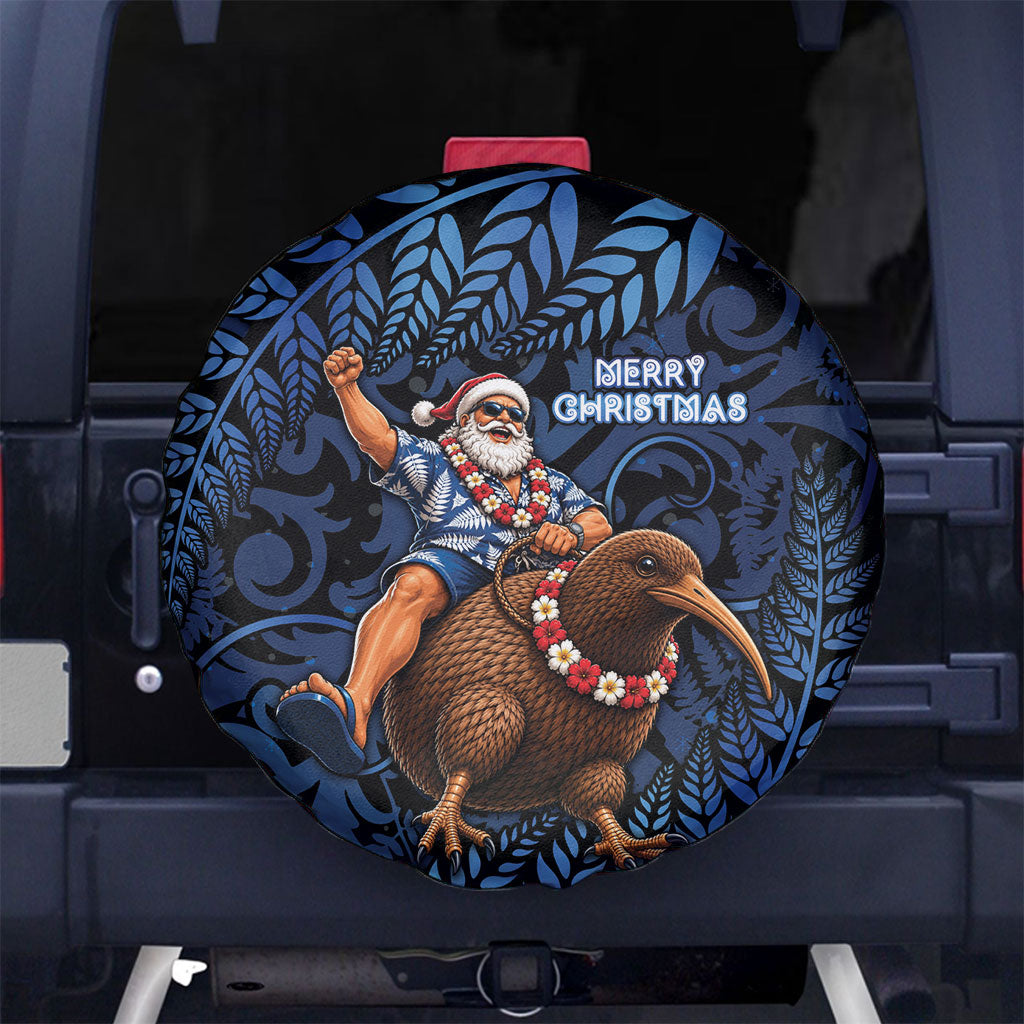 New Zealand Christmas Spare Tire Cover Santa Riding Kiwi Bird Silver Fern DT05 No hole Navy - Polynesian Pride