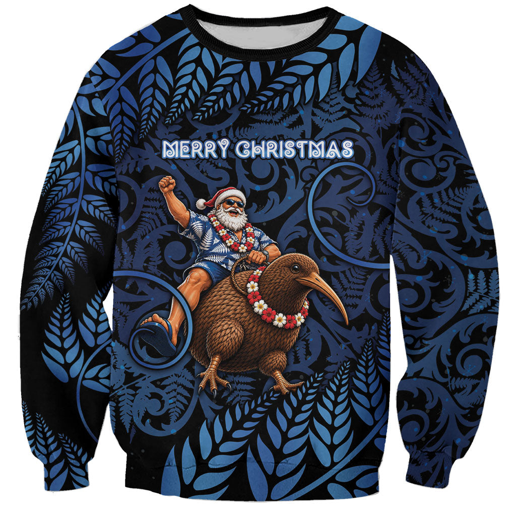 New Zealand Christmas Sweatshirt Santa Riding Kiwi Bird Silver Fern DT05 Unisex Navy - Polynesian Pride