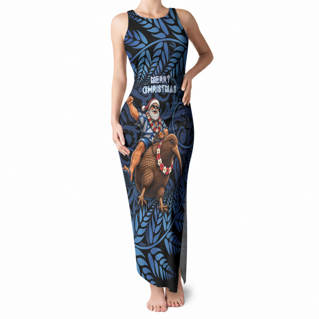 New Zealand Christmas Tank Maxi Dress Santa Riding Kiwi Bird Silver Fern DT05 Women Navy - Polynesian Pride