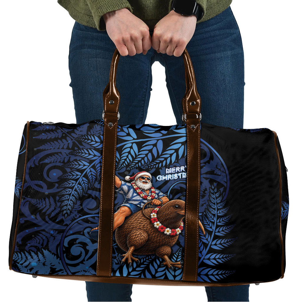 New Zealand Christmas Travel Bag Santa Riding Kiwi Bird Silver Fern DT05 Navy - Polynesian Pride