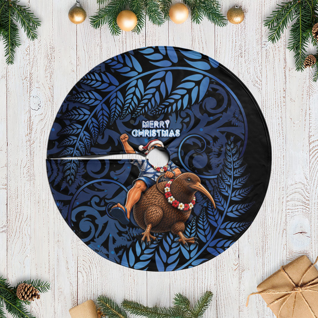 New Zealand Christmas Tree Skirt Santa Riding Kiwi Bird Silver Fern DT05 Casual Navy - Polynesian Pride