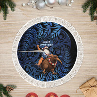 New Zealand Christmas Tree Skirt Santa Riding Kiwi Bird Silver Fern DT05 Fringed Navy - Polynesian Pride