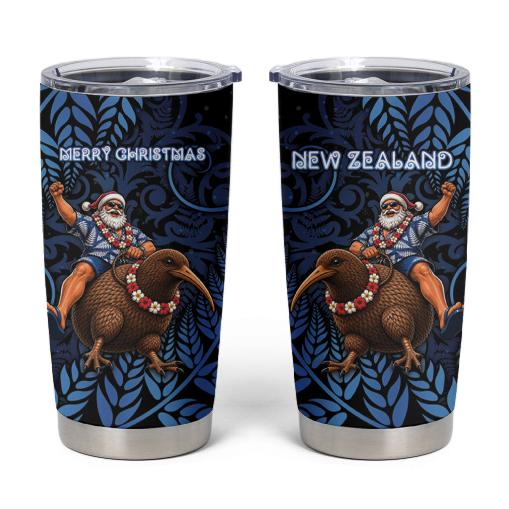 New Zealand Christmas Tumbler Cup Santa Riding Kiwi Bird Silver Fern DT05 Navy - Polynesian Pride