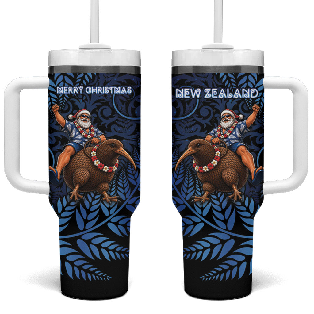 New Zealand Christmas Tumbler With Handle Santa Riding Kiwi Bird Silver Fern DT05 One Size: 40 oz Navy - Polynesian Pride