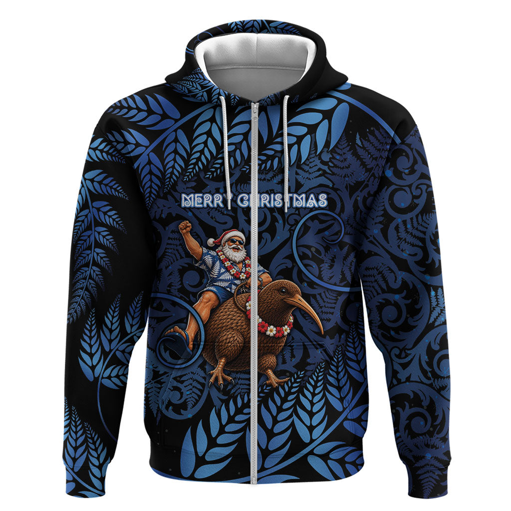 New Zealand Christmas Zip Hoodie Santa Riding Kiwi Bird Silver Fern DT05 Zip Hoodie Navy - Polynesian Pride