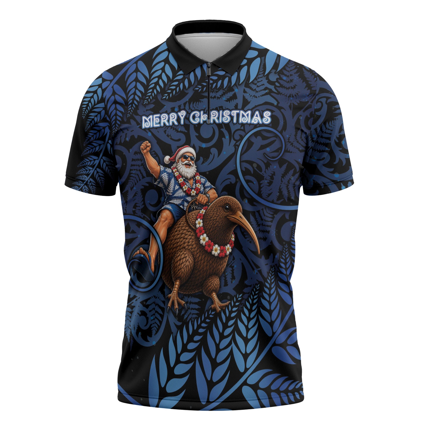 New Zealand Christmas Zipper Polo Shirt Santa Riding Kiwi Bird Silver Fern DT05 Navy - Polynesian Pride