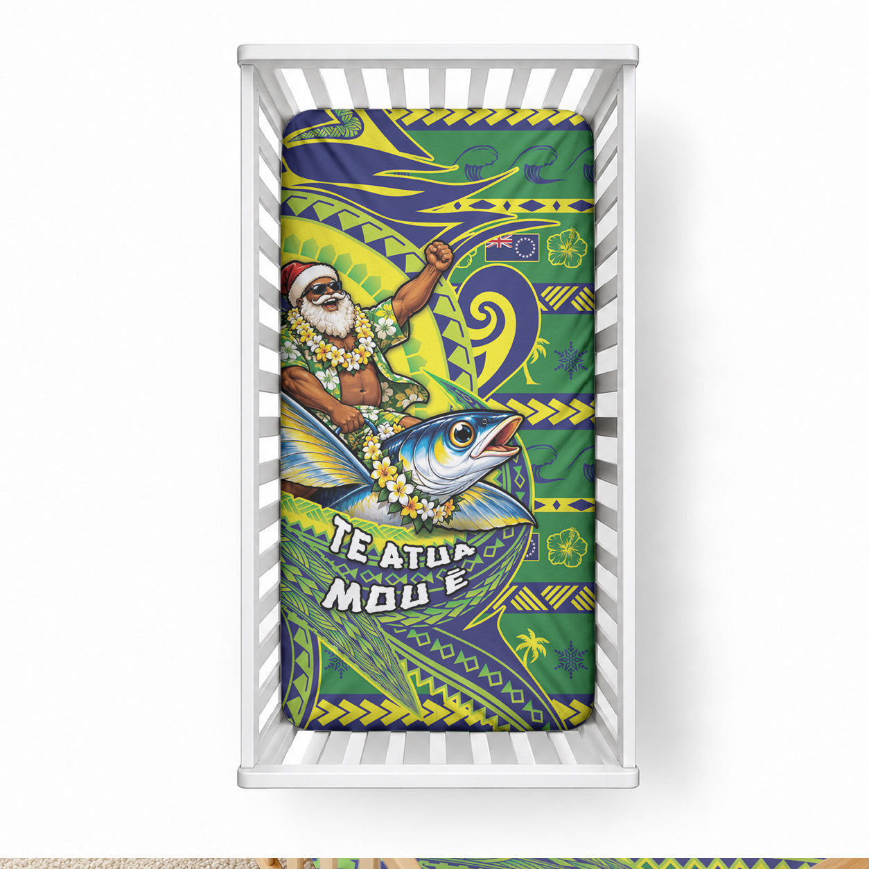 Cook Islands Christmas Baby Bed Cover Santa Riding Flying Fish DT05 28 × 52 in Green - Polynesian Pride