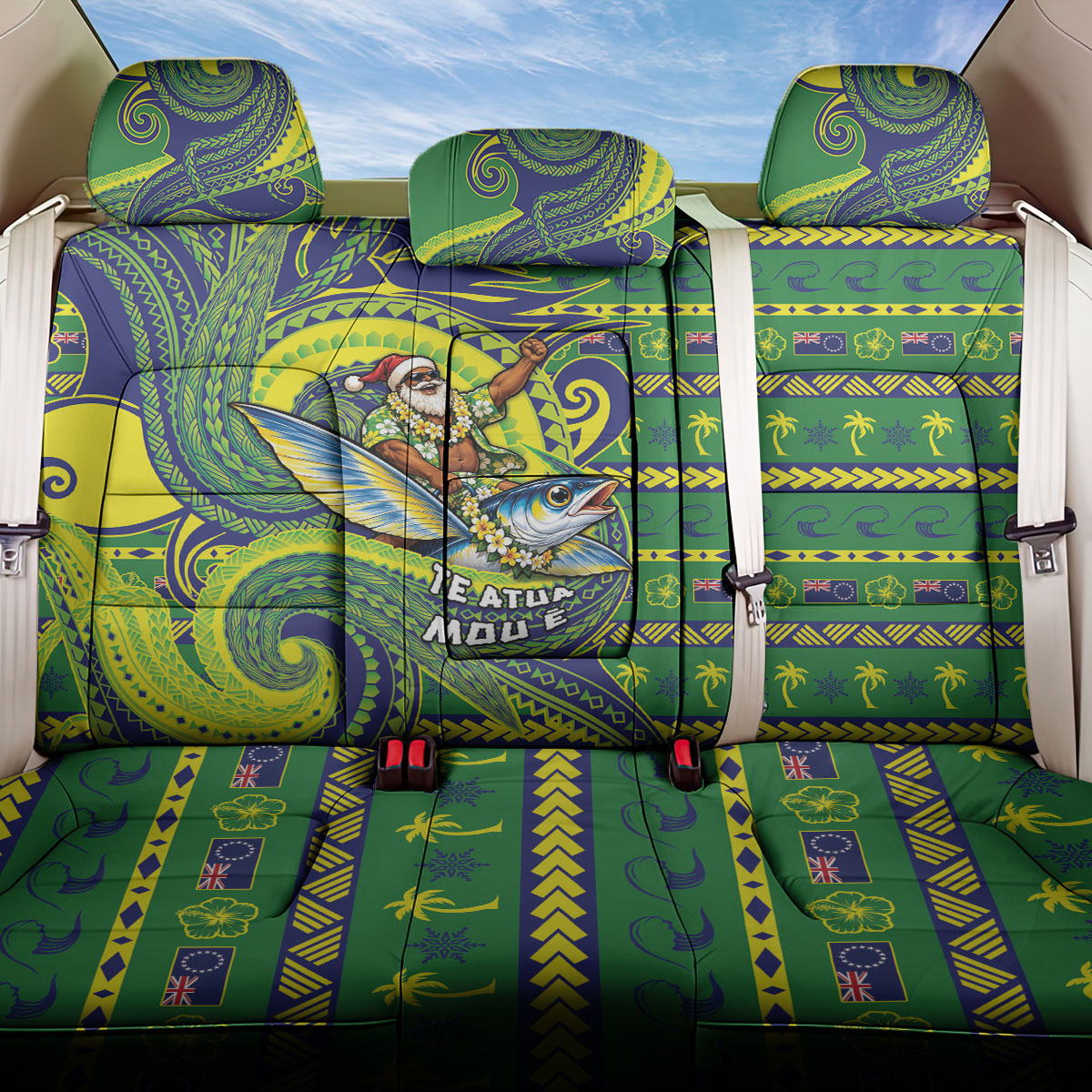 Cook Islands Christmas Back Car Seat Cover Santa Riding Flying Fish DT05 One Size Green - Polynesian Pride