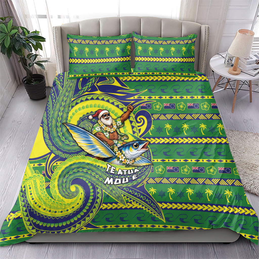 Cook Islands Christmas Bedding Set Santa Riding Flying Fish