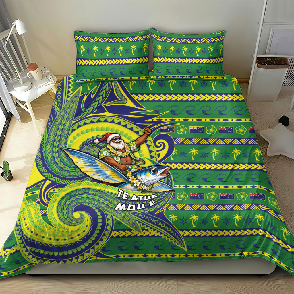 Cook Islands Christmas Bedding Set Santa Riding Flying Fish