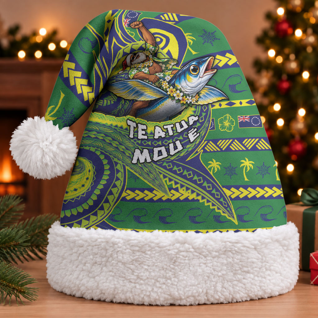 Cook Islands Christmas Santa Hat Santa Riding Flying Fish DT05 With Fur Green - Polynesian Pride