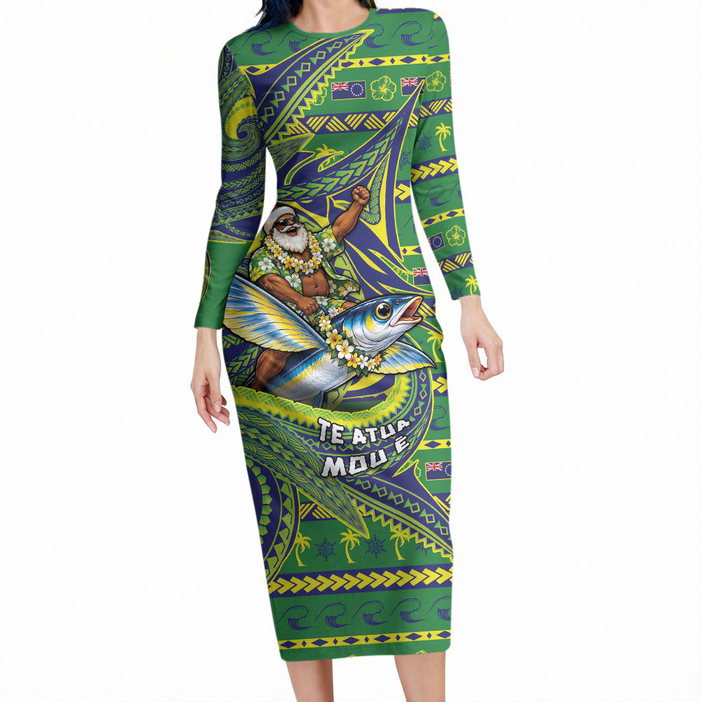 Cook Islands Christmas Long Sleeve Bodycon Dress Santa Riding Flying Fish DT05 Long Dress Green - Polynesian Pride
