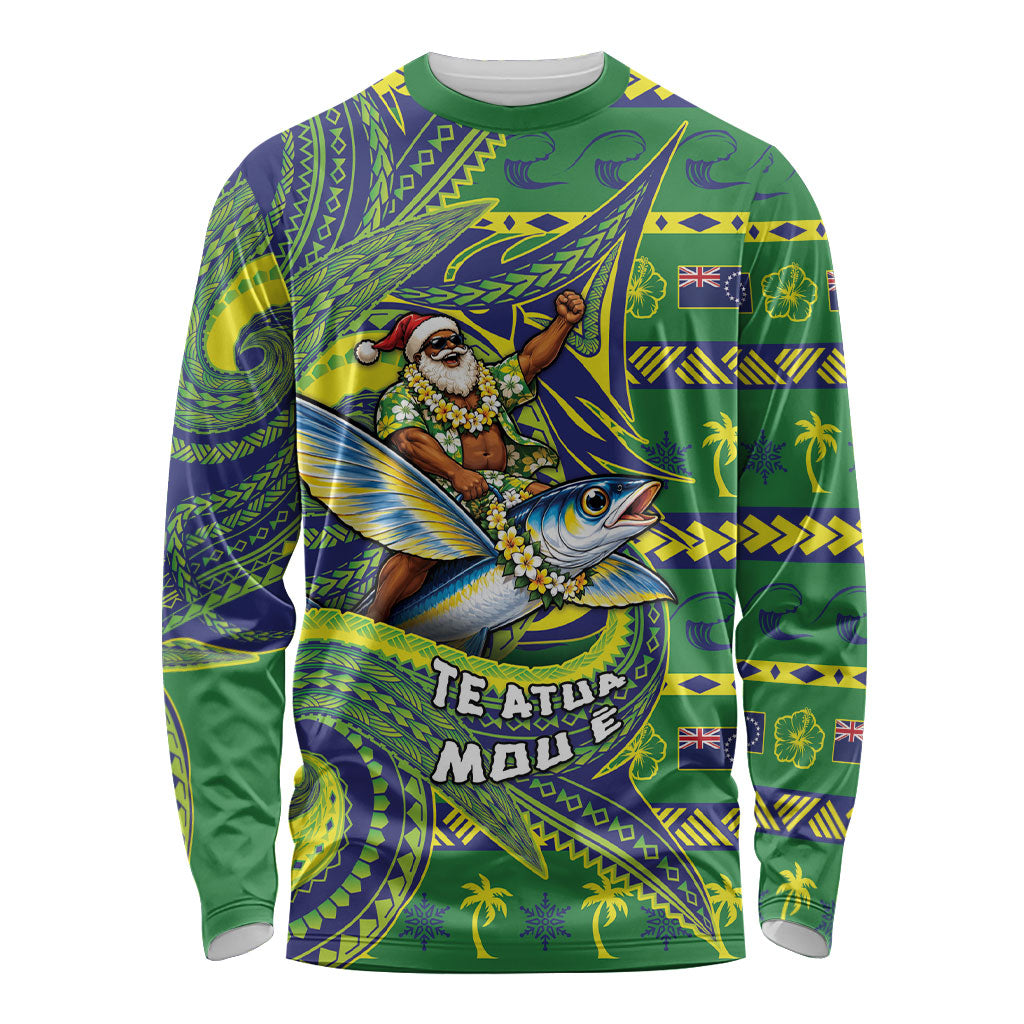Cook Islands Christmas Long Sleeve Shirt Santa Riding Flying Fish
