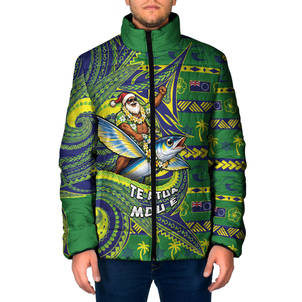 Cook Islands Christmas Padded Jacket Santa Riding Flying Fish DT05 Men Green - Polynesian Pride