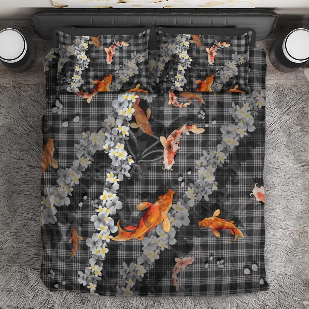 Black Palaka Hawaiian And Japanese Bedding Set Sakura Lei With Koi Fish DT05 Black - Polynesian Pride