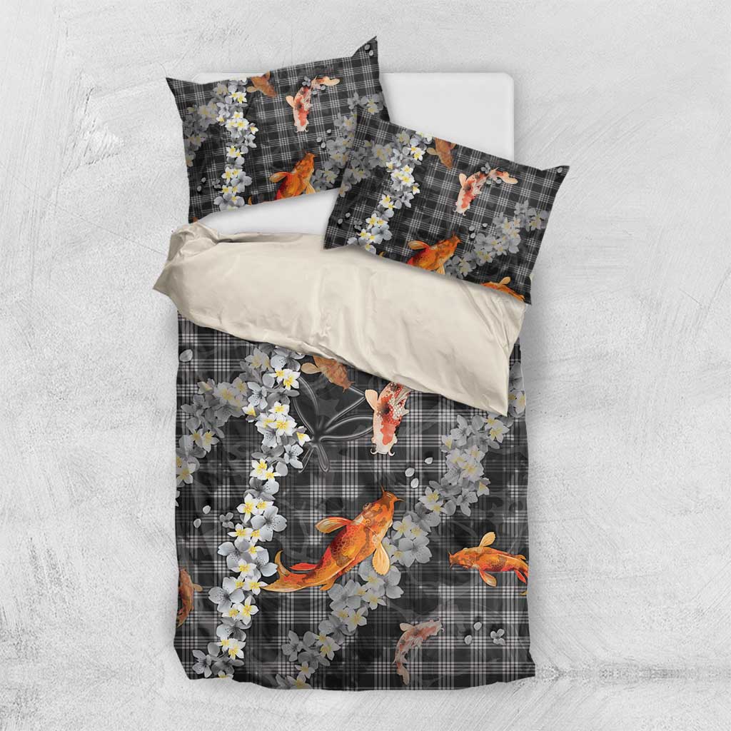 Black Palaka Hawaiian And Japanese Bedding Set Sakura Lei With Koi Fish DT05 US Twin 172cm x 218cm Black - Polynesian Pride