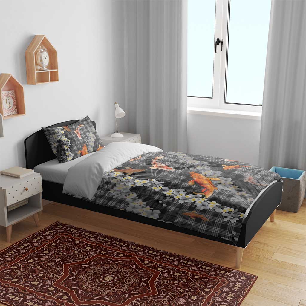 Black Palaka Hawaiian And Japanese Bedding Set Sakura Lei With Koi Fish DT05 - Polynesian Pride