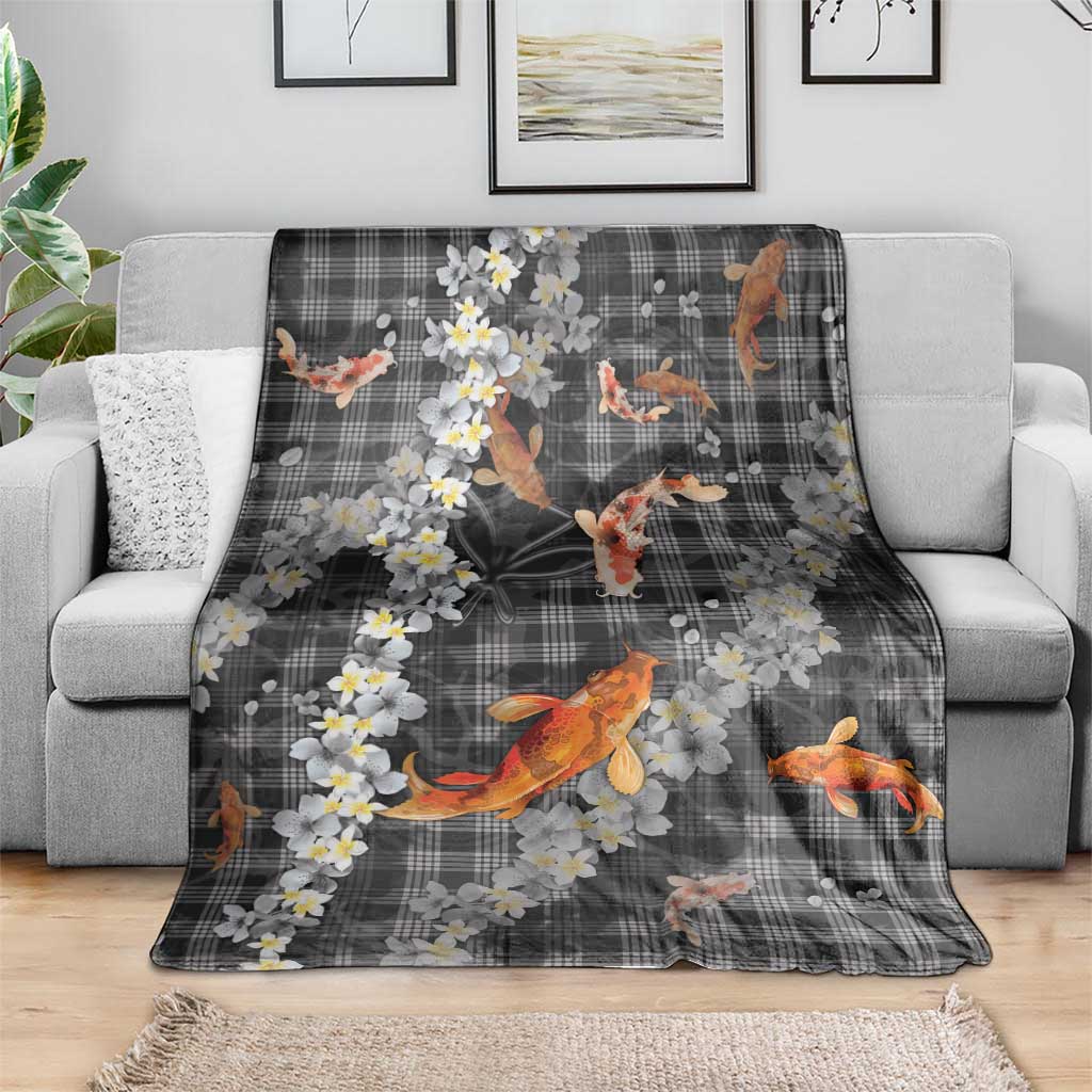 Black Palaka Hawaiian And Japanese Blanket Sakura Lei With Koi Fish DT05 - Polynesian Pride