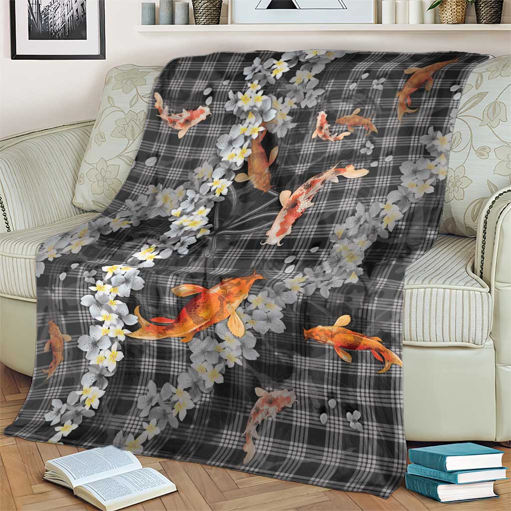 Black Palaka Hawaiian And Japanese Blanket Sakura Lei With Koi Fish DT05 - Polynesian Pride