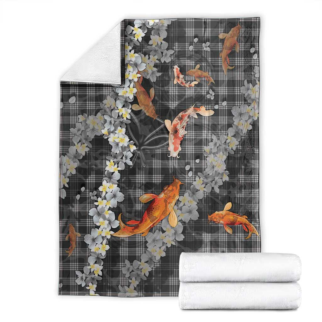 Black Palaka Hawaiian And Japanese Blanket Sakura Lei With Koi Fish DT05 - Polynesian Pride