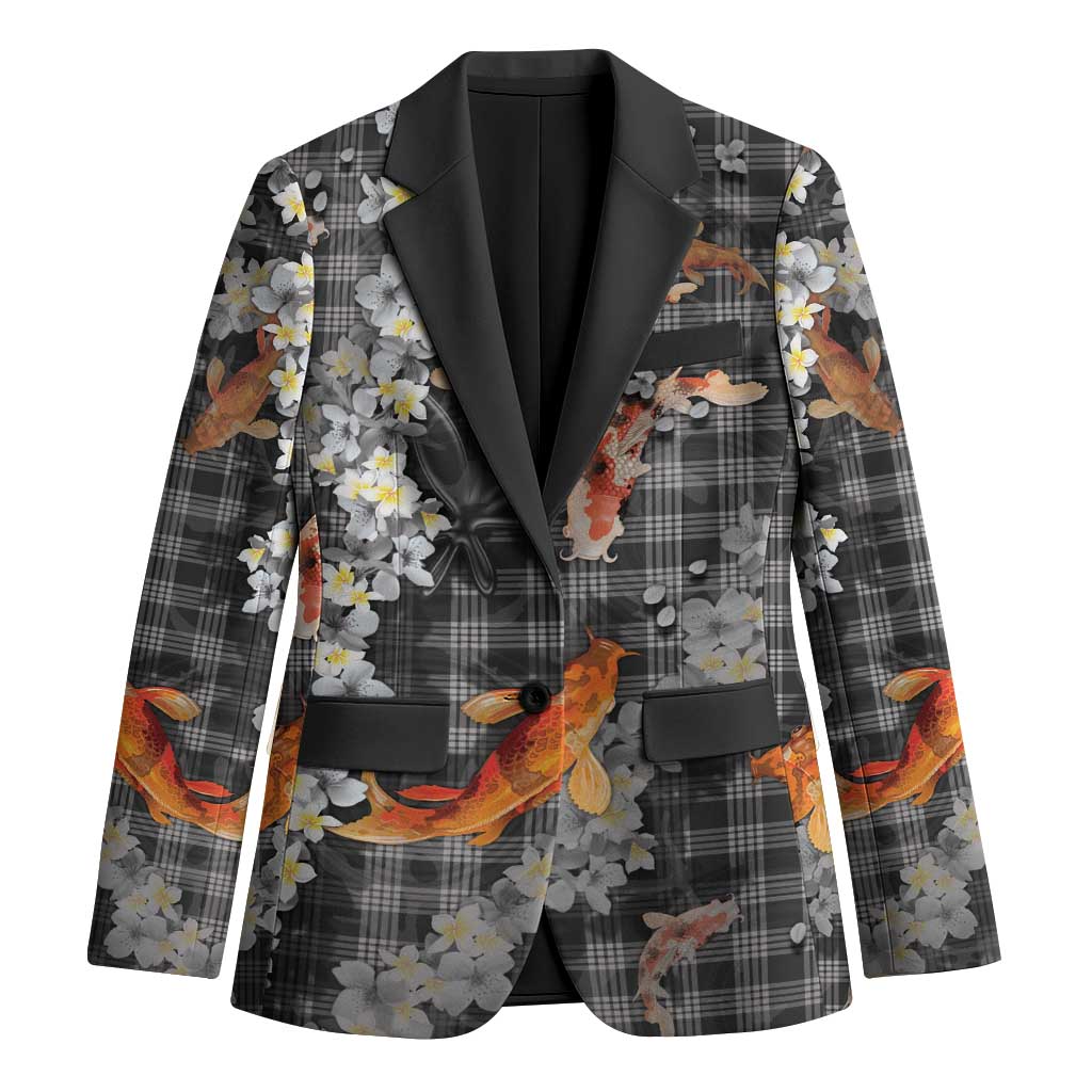 Black Palaka Hawaiian And Japanese Blazer Sakura Lei With Koi Fish DT05 Unisex Black - Polynesian Pride