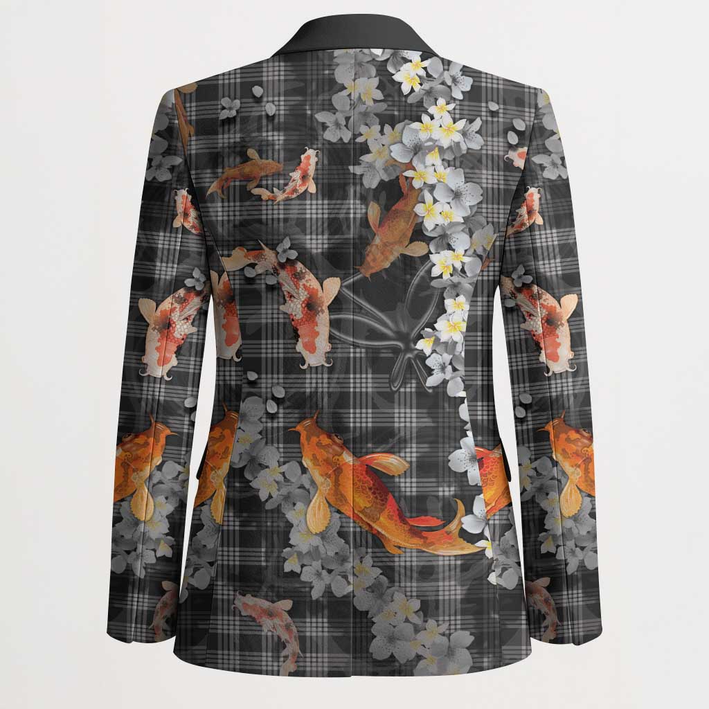 Black Palaka Hawaiian And Japanese Blazer Sakura Lei With Koi Fish DT05 - Polynesian Pride