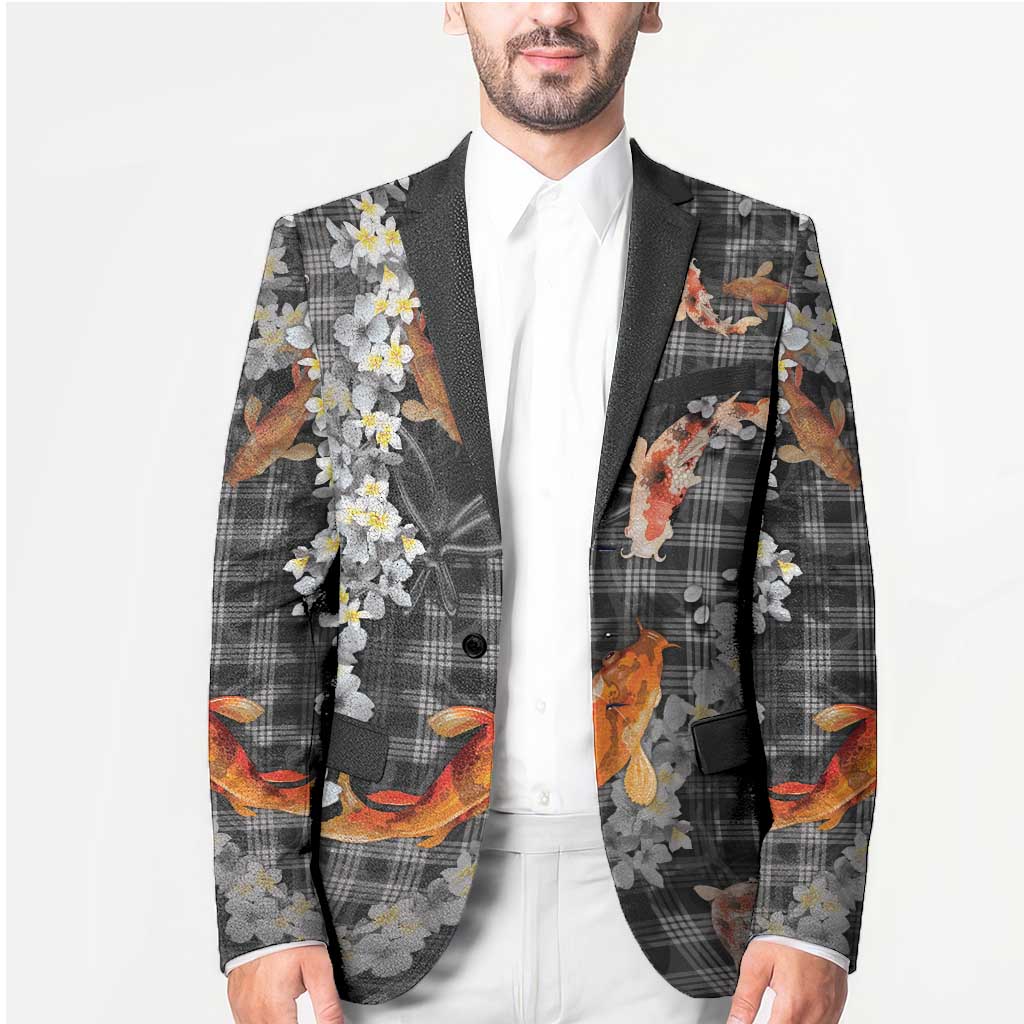 Black Palaka Hawaiian And Japanese Blazer Sakura Lei With Koi Fish DT05 - Polynesian Pride