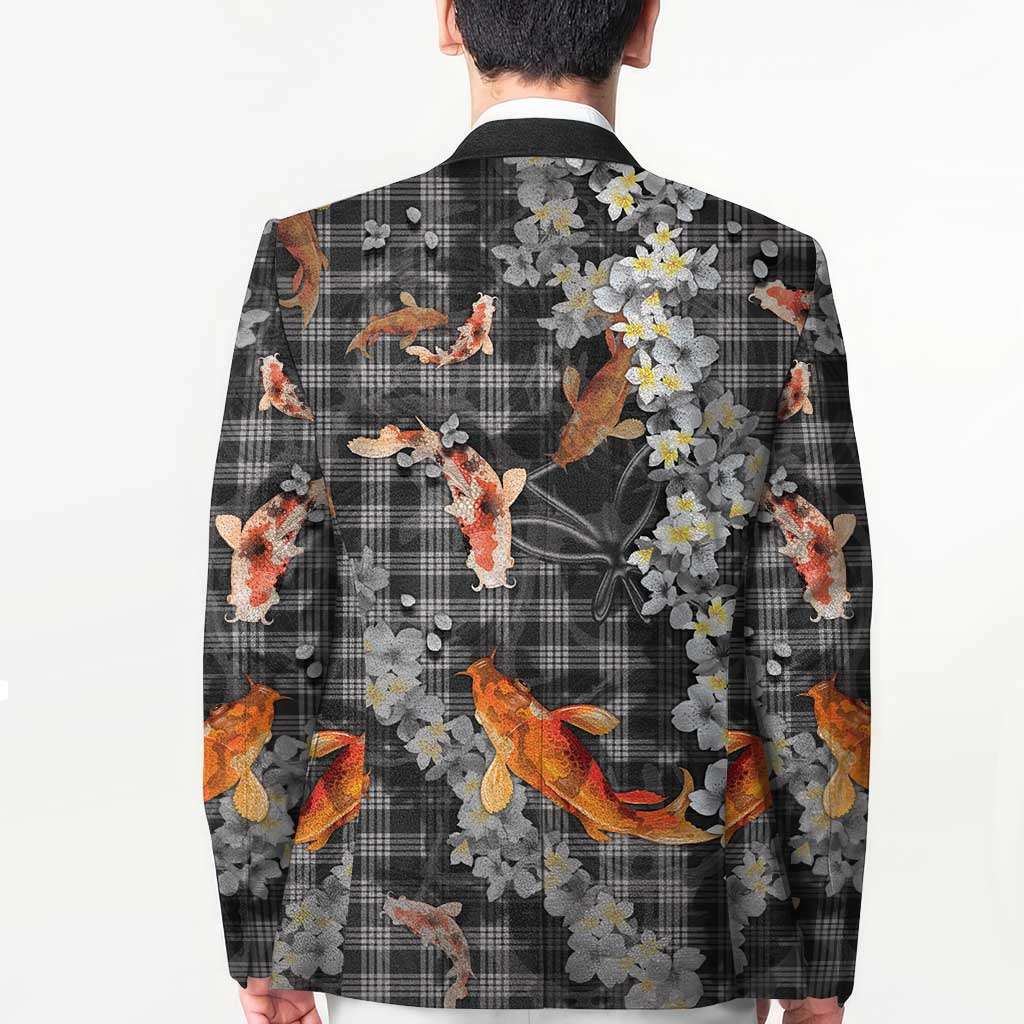 Black Palaka Hawaiian And Japanese Blazer Sakura Lei With Koi Fish DT05 - Polynesian Pride