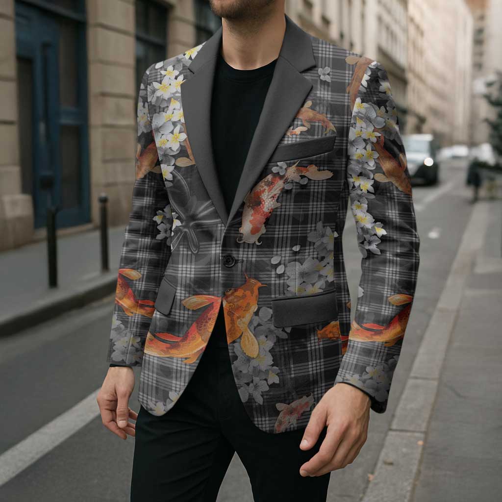 Black Palaka Hawaiian And Japanese Blazer Sakura Lei With Koi Fish DT05 - Polynesian Pride
