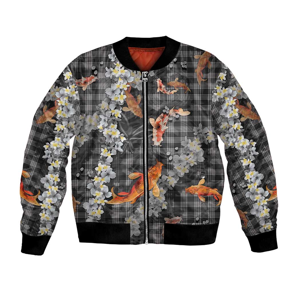Black Palaka Hawaiian And Japanese Bomber Jacket Sakura Lei With Koi Fish DT05 Unisex Black - Polynesian Pride
