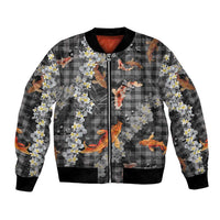 Black Palaka Hawaiian And Japanese Bomber Jacket Sakura Lei With Koi Fish DT05 Unisex Black - Polynesian Pride