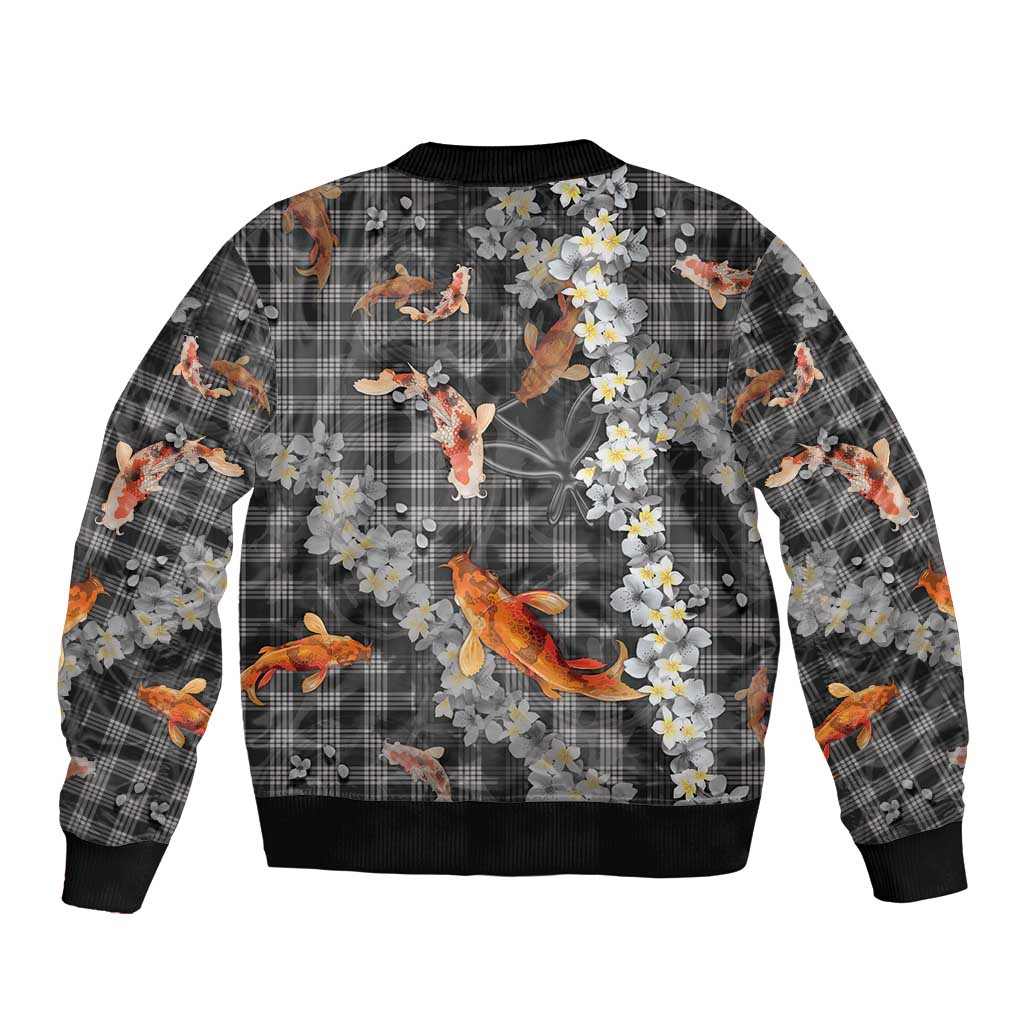 Black Palaka Hawaiian And Japanese Bomber Jacket Sakura Lei With Koi Fish DT05 - Polynesian Pride