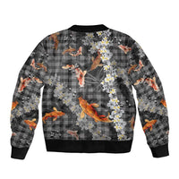 Black Palaka Hawaiian And Japanese Bomber Jacket Sakura Lei With Koi Fish DT05 - Polynesian Pride