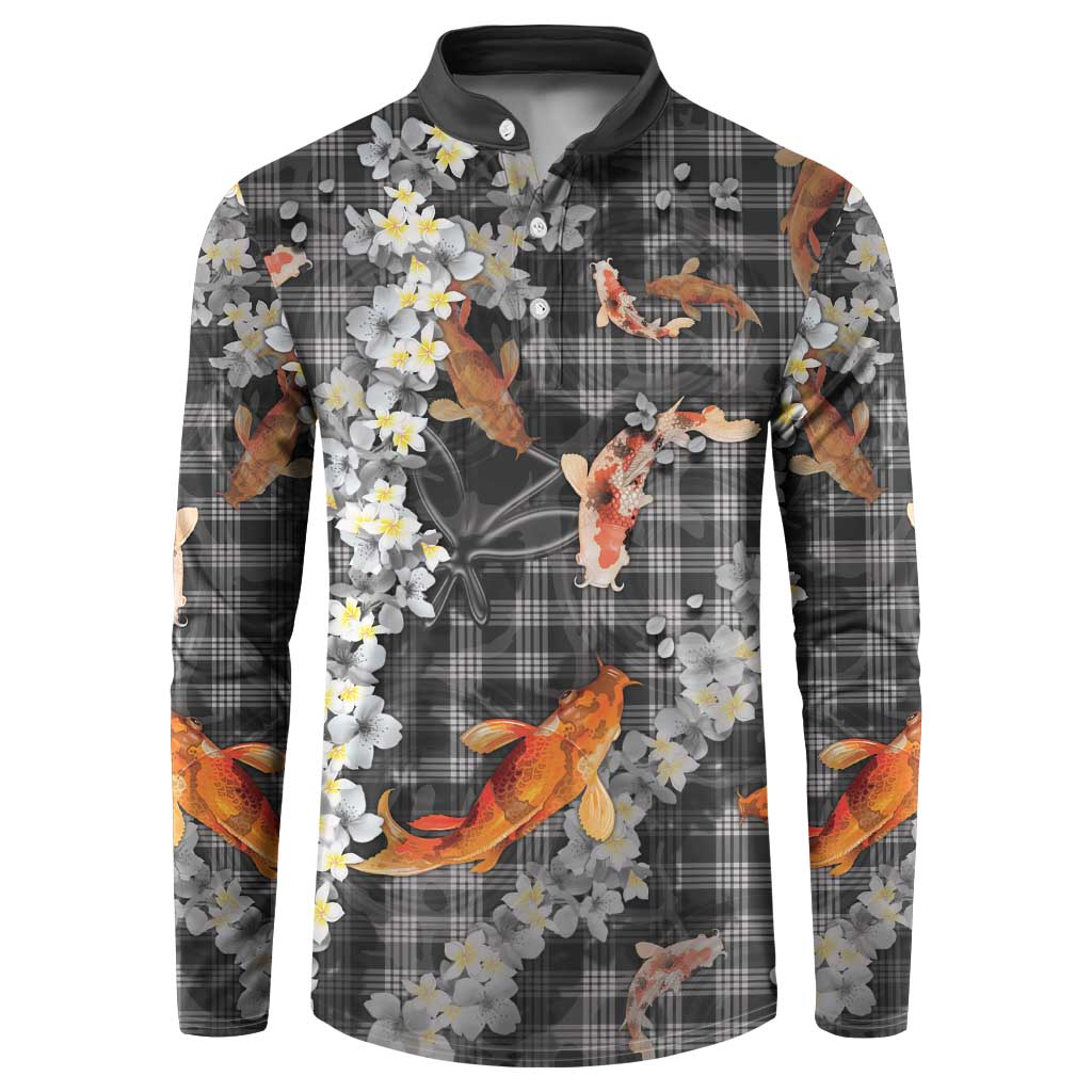 Black Palaka Hawaiian And Japanese Button Sweatshirt Sakura Lei With Koi Fish DT05 Black - Polynesian Pride